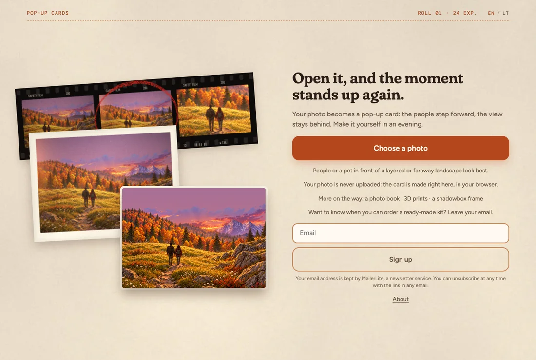 The Popstill app: a film strip of the photo, the photo as a print, and the "Choose a photo" button