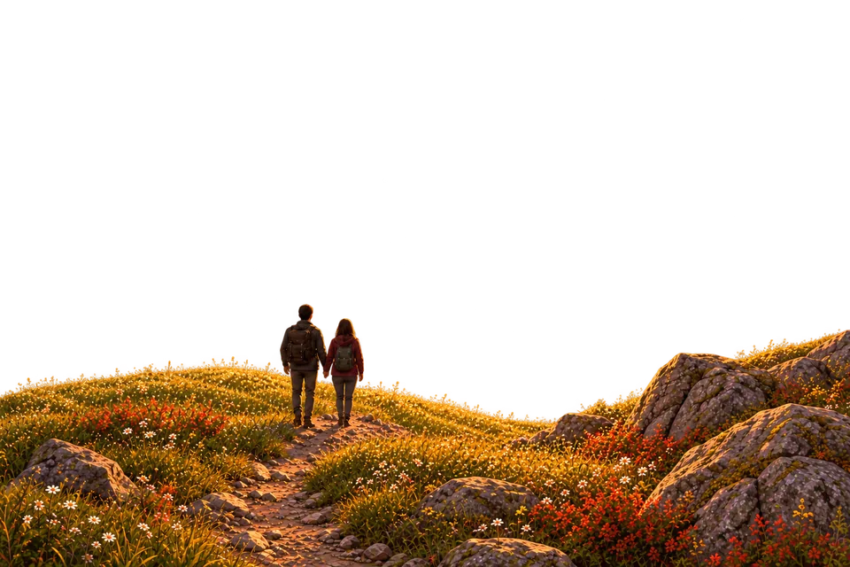 Two people walking a path on a hill at sunset, with an autumn forest and mountains behind them